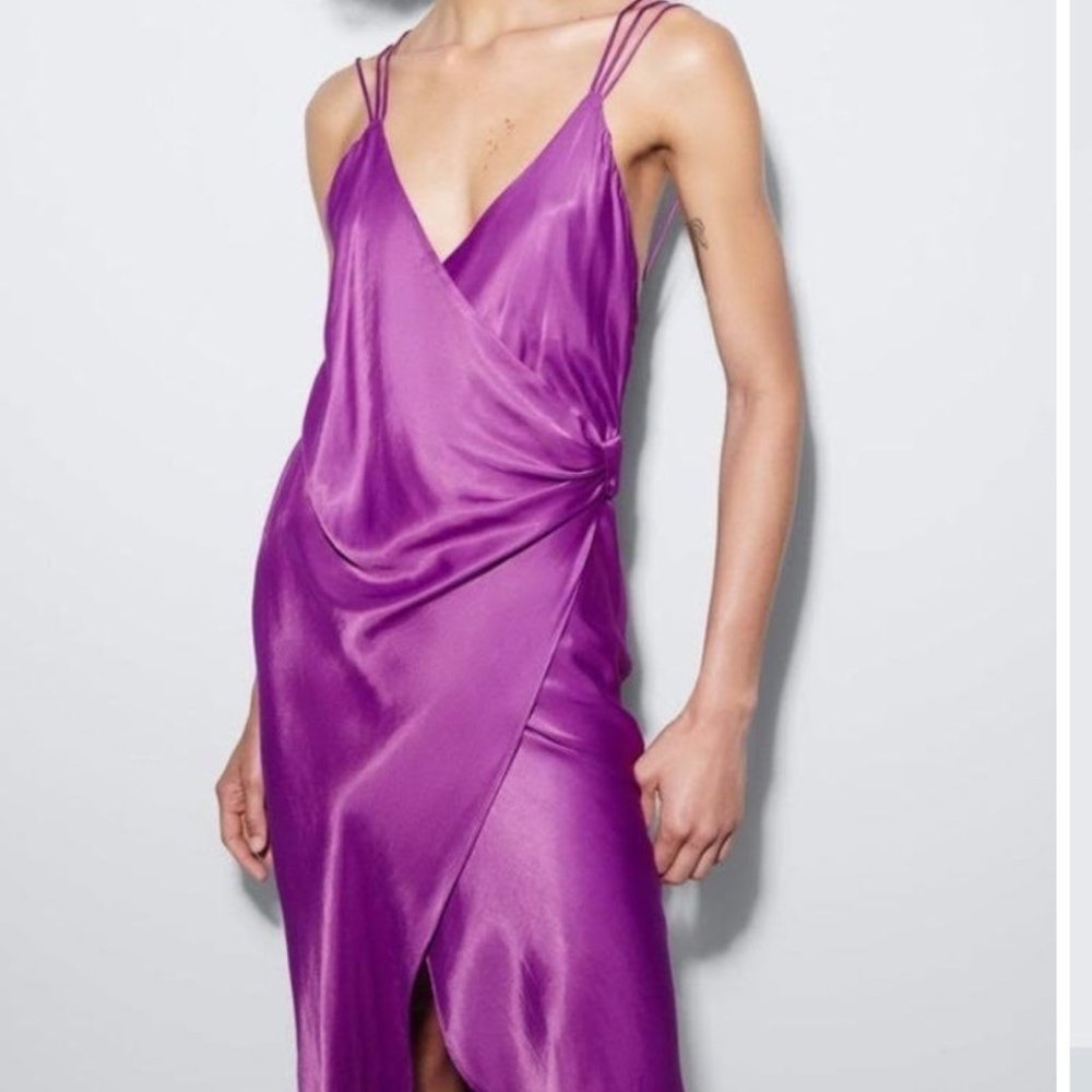 Zara Knotted Midi Slip Dress, Magenta, XS XSmall 0 2